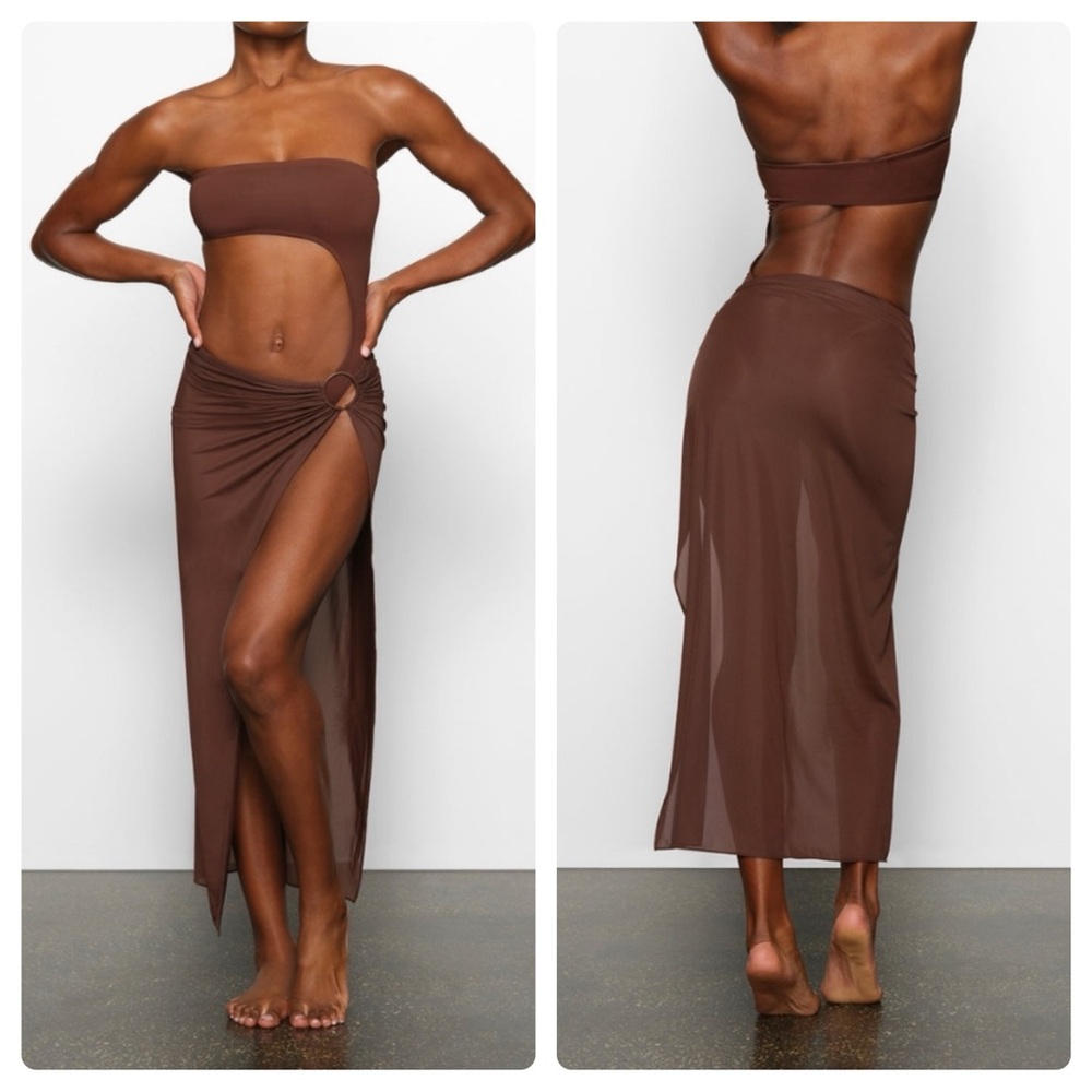 NEW SKIMS Sarong Skirt Swim Cover Up Maxi Mesh Long Tonal Ring Cocoa Brown 2X